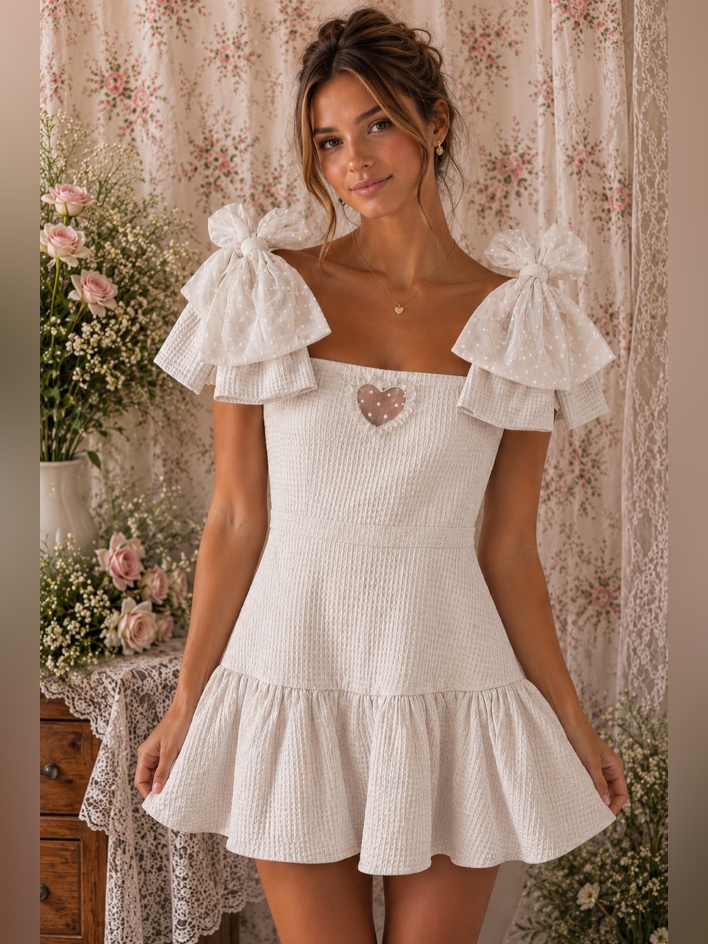 LoveShackFancy Heart Appliqué Double Bow Mini Dress